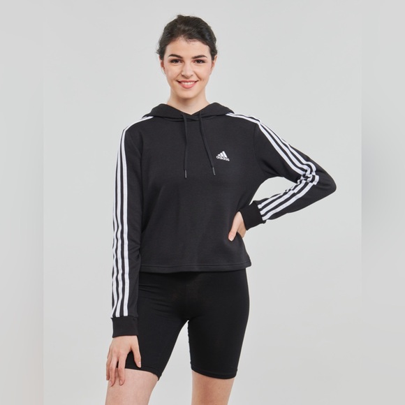 Adidas women’s Essentials 3- stripes French Terry Cropped hoodie black size M - Picture 1 of 11